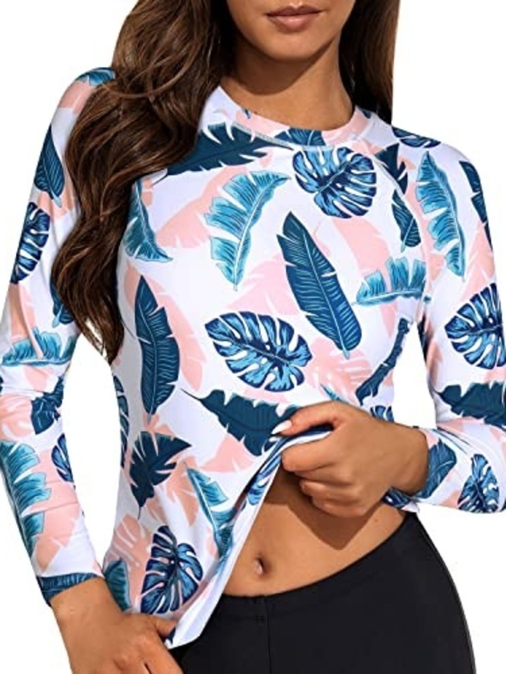 Tropical Leaf Long-Sleeve Rash Guard - Teal Blue & Peach - SIZE Small NWT